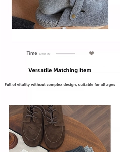 Detailed view of gray wool socks paired with suede loafers and metal buckle mules