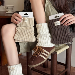 Knitted Leg Warmers Acrylic Cotton Ribbed Slouchy Boot Socks With Vintage Cloth Label Japanese Style For Women