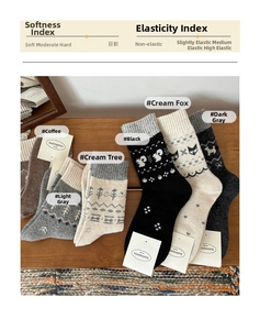 Detailed view of Fair Isle wool socks with cartoon fox patterns in cozy soft knit fabric