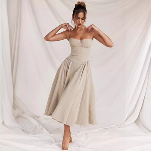 French Retro Strappy Bustier Midi Dress With Pockets Corset Bodice A-Line Pleated Swing Elegant Sun Dress For Women
