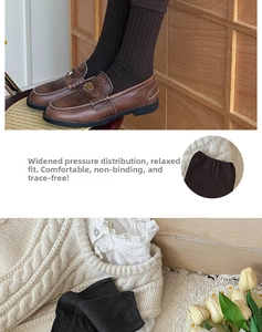 Detail of ribbed calf socks with elastic top band and brown leather loafers