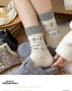 Detail of wool-knit Fair Isle socks featuring Nordic snowflake and forest patterns
