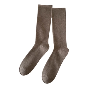 Deep brown cotton knit knee-high compression socks with vertical ribbing texture