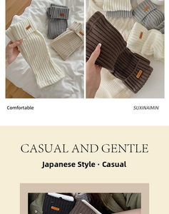 Detailed knit texture of wool leg warmers in various colors with vintage leather tag