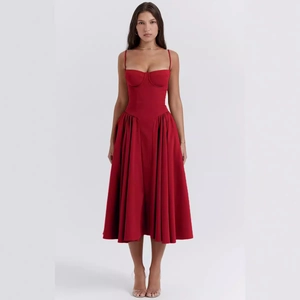 Elegant deep red French vintage corset-style midi dress with pleated skirt for formal events