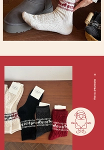 Detail of wool Fair Isle socks with festive reindeer and snowflake jacquard patterns
