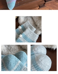 Close-up of thick knitted wool socks with blue and grey stripes and textile label