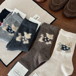 Cozy wool crew socks set with cute puppy patterns in grey, coffee and beige colors