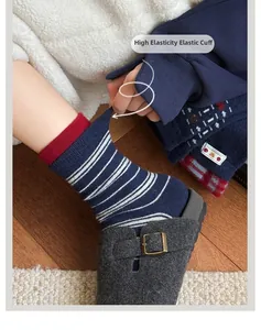 Close-up of high elasticity ribbed cuff on navy striped knit socks for winter comfort