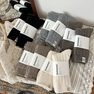 Women Wool Blend Ribbed Slouch Socks Autumn Winter Warm Japanese Minimalist Style Solid Color Mid Tube Socks With Cloth Label Decoration