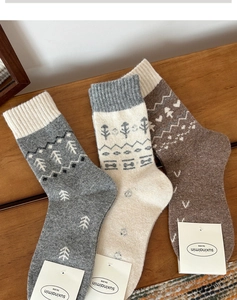 Detailed knit texture of Nordic wool blend socks with tree and heart jacquard patterns