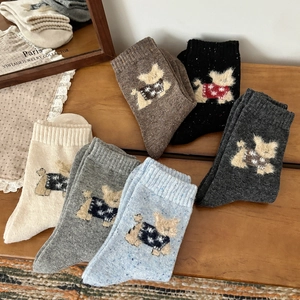 Cozy wool crew socks set of 6 pairs with cute cartoon dog embroidery for winter warmth