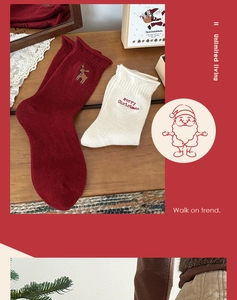 Detail of Christmas mid-tube socks with embroidered elk and Merry Christmas text