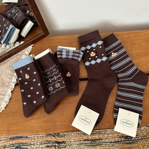 Set of 5 autumn winter socks with blue and brown patterns and cute dog embroidery