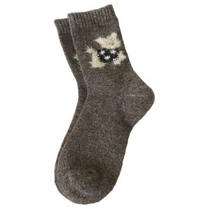 Brown speckled wool blend mid-calf socks with cute 3D cartoon animal character