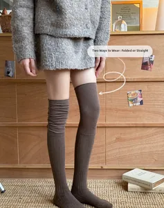 Detail of dark brown ribbed knit over-the-knee socks showing textures and two wearing styles