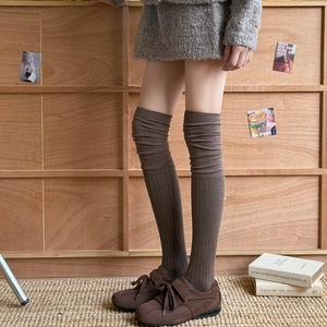 Women Over The Knee Socks Combed Cotton Rib Knit Anti Slip Slimming Japanese Maillard Style Retro Solid Color High Tube