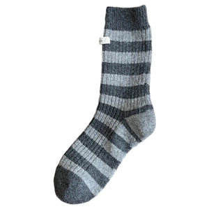 Classic gray striped wool socks for women featuring thick knit and a white logo label