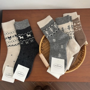 Five pack women's Fair Isle wool socks with vintage patterns and cute animal embroidery