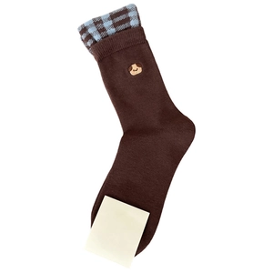 Brown crew socks with blue checkered trim and cute dog embroidery for winter