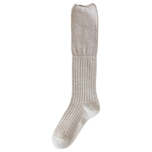 Minimalist beige knitted knee high socks with vertical ribbing for women fall winter