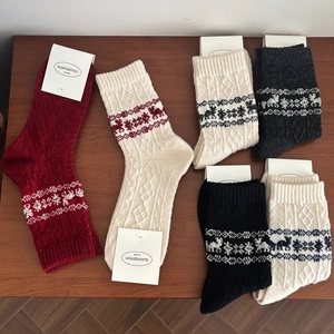 6-pair set of wool knit Fair Isle socks with Nordic snowflake and reindeer patterns