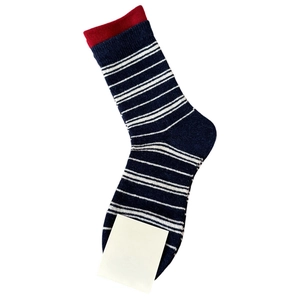 Navy blue and white striped crew socks with red trim on a clean white background