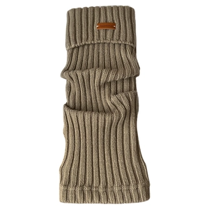 Thick knit khaki slouch socks with a vintage leather patch for autumn winter warmth