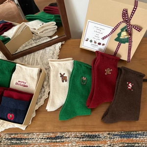 Christmas cotton mid-calf socks gift set with festive embroidery and kraft gift box