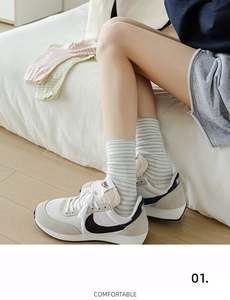 Detail showing blue and white striped cotton socks with ribbed cuffs and letter patterns