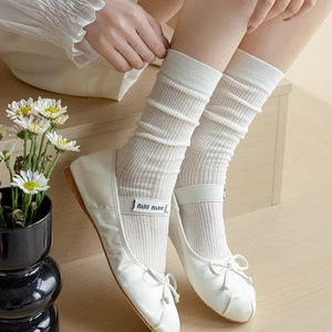 Women Cotton Slouch Socks Mid Tube Vertical Striped Hollow Out Ribbed Breathable Mesh Thin Japanese Style JK Fashion