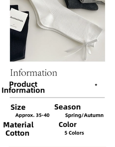Detail of ribbed cotton mid-calf socks featuring a delicate bow tie and 35-40 size info