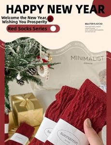 Close-up of red cable-knit festive socks in premium gift packaging for the holidays