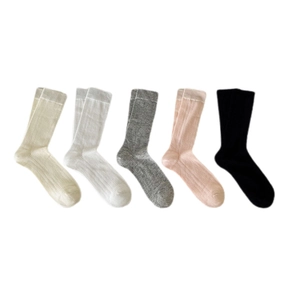 Set of 5 pairs of women's ribbed knit crew socks in beige, white, grey, pink, and black