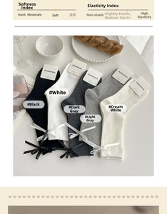 Detail of ribbed knit socks with elegant ribbon bows and a soft texture display