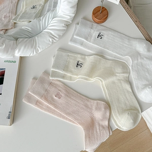 Women Mid-Calf Socks Cotton Breathable Hollow Mesh Bow Embroidery Balletcore JK Style Sweet Japanese Fashion Slouchy