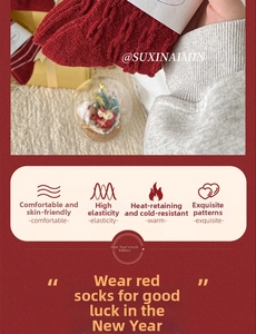 Detail of red cable-knit wool socks featuring high elasticity and thermal heat storage