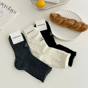 Women's hollow mesh socks set with cute bow embroidery and scalloped edges