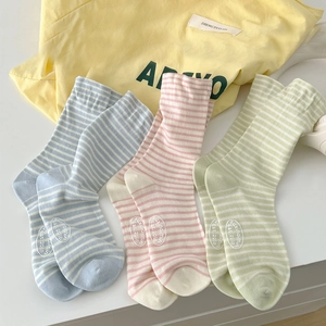 Women Slouch Socks Cotton Knit Striped Mid Calf Crew Socks Breathable Comfortable Casual Japanese Korean Style Macaron Colors