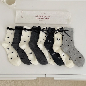 8-pack women's cotton socks with heart patterns, lace trim, and bows in grey and white