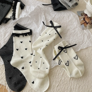 Sweet Japanese style cotton mid-tube socks with lace trim and elegant black ribbon bows