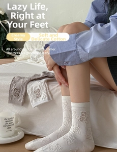 Detailed close-up of soft cotton crew socks featuring cute 3D bear jacquard patterns