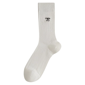 White ribbed mid-calf socks with black bow embroidery in balletcore aesthetic style