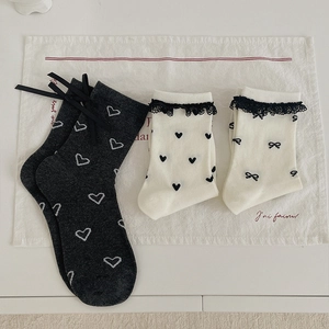 Women Slouch Socks Cotton Breathable Lace Edge Ribbon Bow Heart Polka Dot Sweet JK Style Fashionable Soft Mid Tube