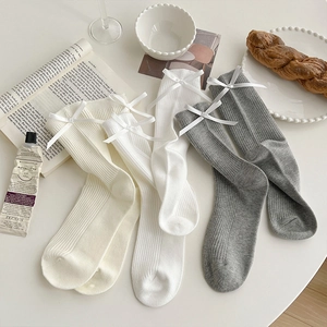 Women Mid Calf Socks Combed Cotton Ribbed Bow Decoration Sweet Japanese JK Style Academy Fashion Breathable Soft Elegant