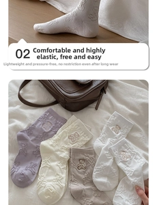 Detail view of cotton crew socks featuring 3D embossed cute cartoon bear patterns