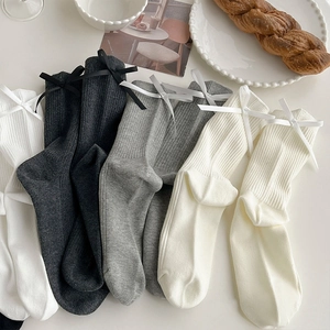 Japanese style ribbed mid-calf socks with bows in white and grey assorted colors