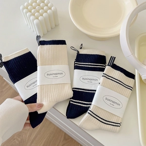 Women Cotton Mid-Calf Crew Socks Striped Contrast Color Slouch Ribbed Knit Casual Daily Soft Breathable Hosiery