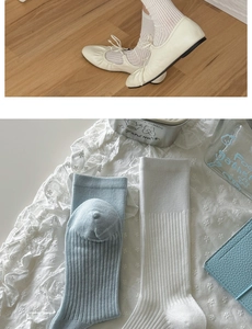 Detail of ribbed crew socks in beige and light blue paired with ballet flats