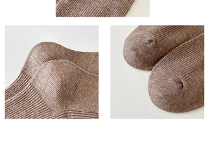 Detailed views of brown ribbed cotton socks showing reinforced heel and toe seam stitching